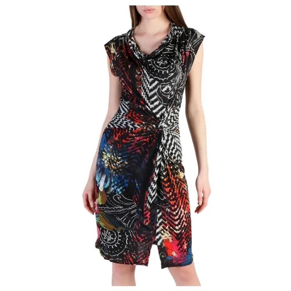 Desigual 46V2001 printed Black short sleeve midi dress crow neck size S